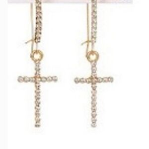 Gold Crystal Cross Drop Earrings, Goldtone 42x18mm NEW NWT
